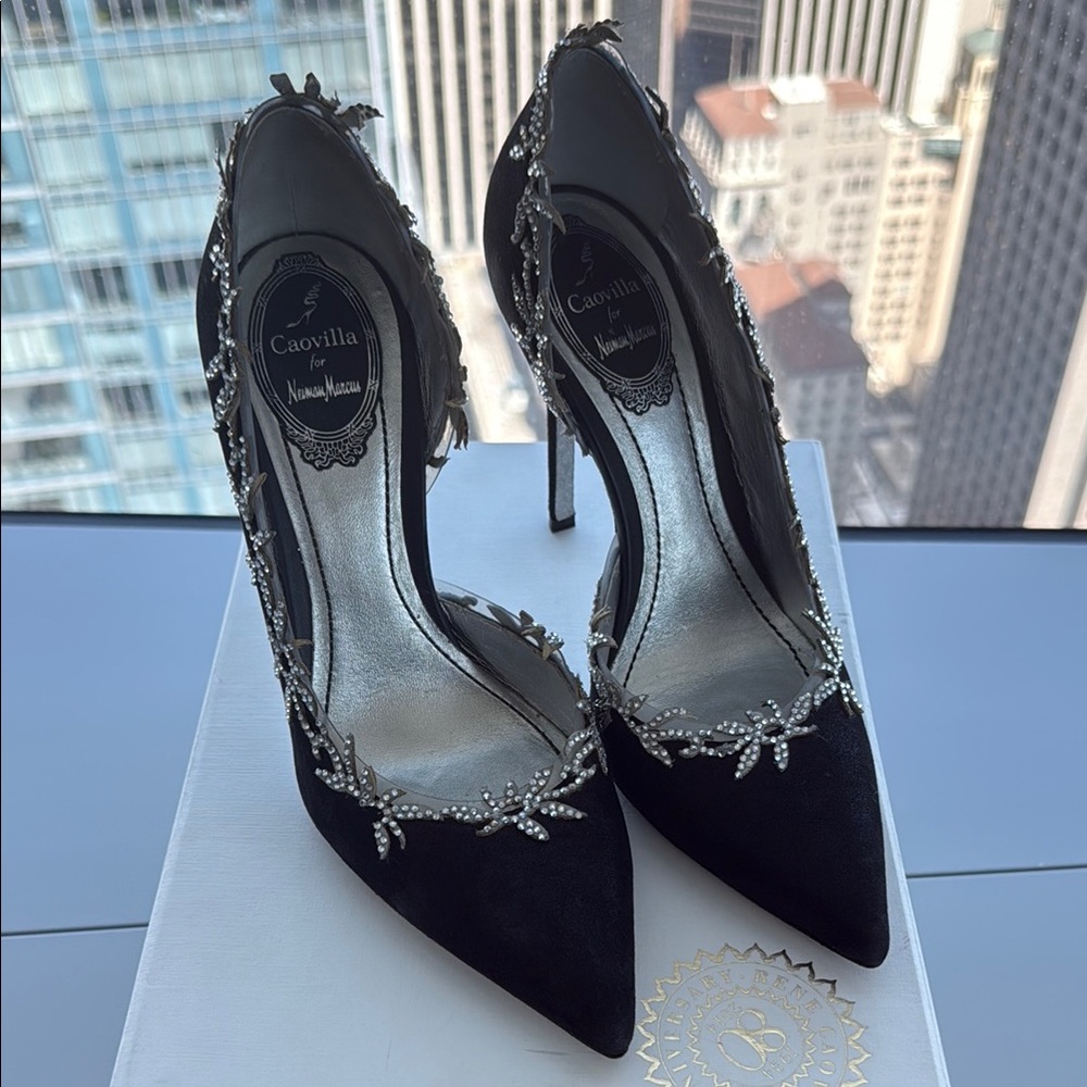 Rene Caovilla Black Crystal Embellished Stiletto Heels
